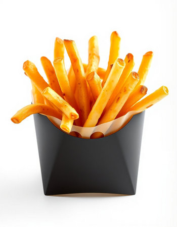 close up of french fries in box on white background with clipping path
