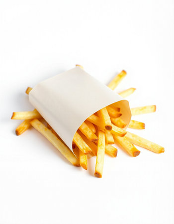 French fries in paper box on white background. Fast food concept.