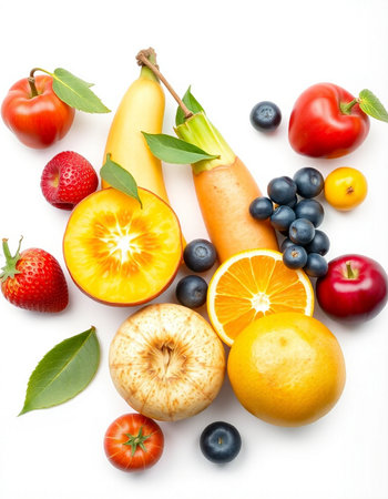 Fruits and vegetables isolated on white background. Healthy food concept.