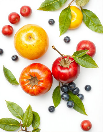 Flat lay composition with fresh fruits and berries on white background.
