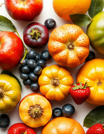 Fruits and vegetables on white background. Top view. Flat lay.の写真素材