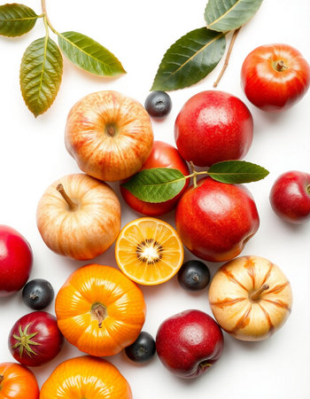 autumn fruits and vegetables isolated on a white background. top viewの写真素材