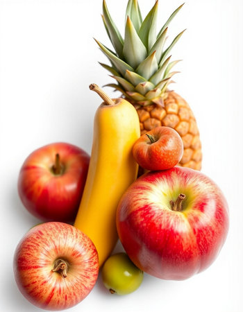 Fresh fruits isolated on white background. Healthy food concept. Top view.の写真素材
