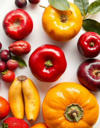 Fruits and vegetables on a white background. View from above.の写真素材