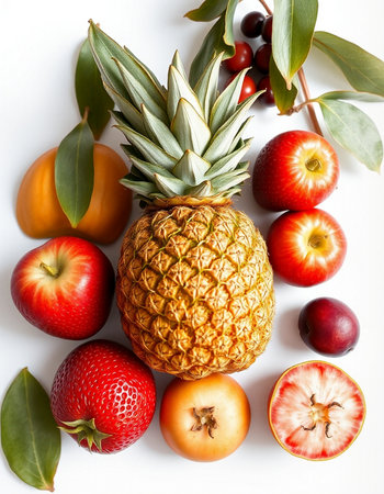 Fruits on a white background. Flat lay. Top view.の写真素材