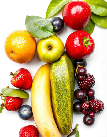 Fruits and vegetables isolated on a white background. Top view.