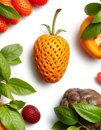 Flat lay composition with fresh ripe fruits and leaves on white background