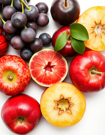 Fruits isolated on a white background. Apples, plums, apples and grapes