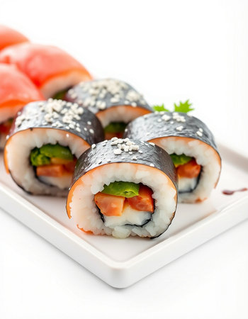 Japanese Cuisine - Sushi Roll with Salmon, Cream Cheese and Raw Salmon inside. Nori outsideの写真素材