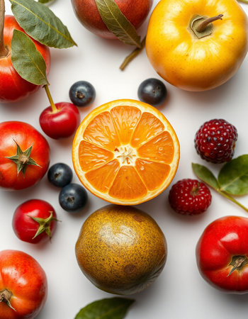 Fresh fruits on white background, top view. Healthy food concept.の写真素材