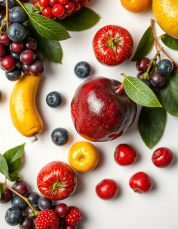 Fresh fruits and berries on white background, top view. Healthy foodの写真素材