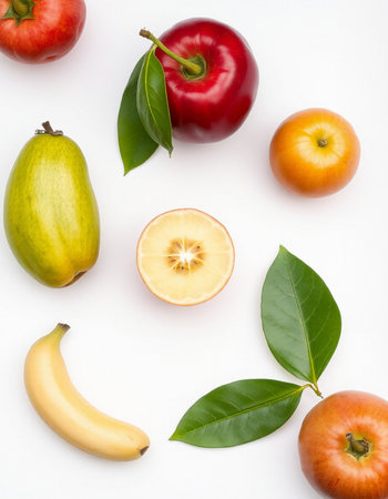 Fruits and vegetables on a white background. Top view. Flat lay.の写真素材