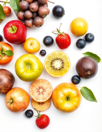 Fruits on a white background. Top view. Flat lay.の写真素材