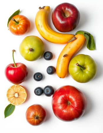 Fruits and vegetables isolated on white background. Flat lay, top viewの写真素材