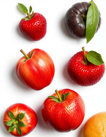 Red apples and strawberries on white background. Flat lay, top viewの写真素材