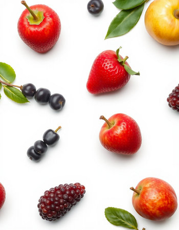 Fruits and berries isolated on white background. Top view. Flat lay patternの写真素材