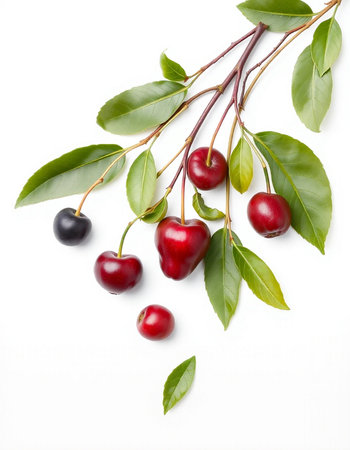 cherries with green leaves on a white background. horizontal photo.