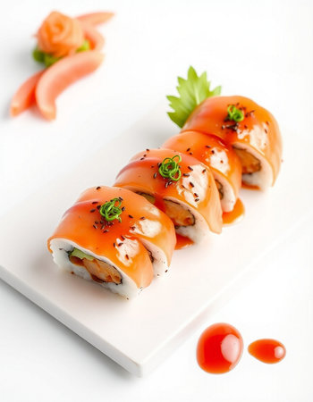Sushi roll with salmon and caviar on a white plate.の写真素材