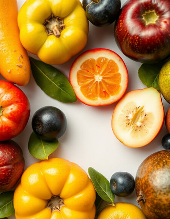 Variety of fresh fruits and vegetables on white background, top view