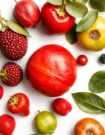 Composition with fresh fruits and berries on white background, top viewの写真素材