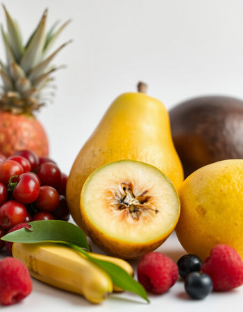 Assortment of fresh fruits on white background. Healthy food concept.の写真素材