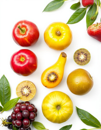 Fruits and vegetables isolated on white background. Flat lay, top viewの写真素材