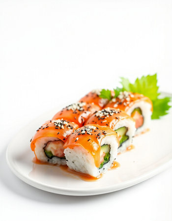 Sushi roll with salmon, cucumber, cream cheese and sesame seedsの写真素材