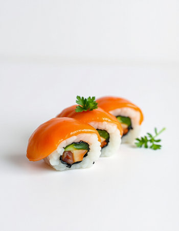 Sushi roll with salmon, avocado, cucumber and cream cheese on white backgroundの写真素材