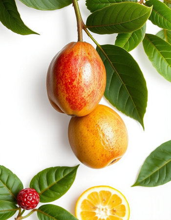 Ripe fruits with leaves on white background, top view