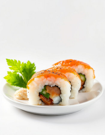 Sushi roll with salmon and cream cheese on a white plate.