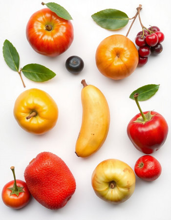 Fruit collection isolated on white background. Top view. Flat lay.