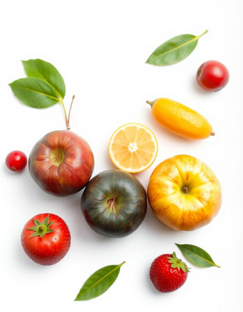 Various fruits isolated on white background. Top view. Flat lay.