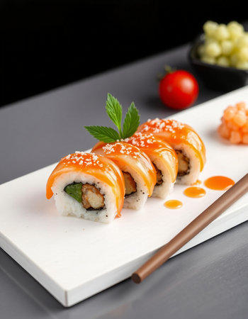 Sushi roll with salmon, cheese and cucumber on a black backgroundの写真素材