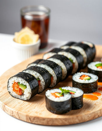 Sushi rolls on a wooden board with soy sauce and chopsticksの写真素材