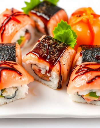 Japanese sushi rolls on a white background. Sushi rolls with salmon, eel, avocado, cream cheese and sauce.の写真素材