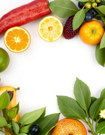 Fruits and vegetables on a white background with copy space for text