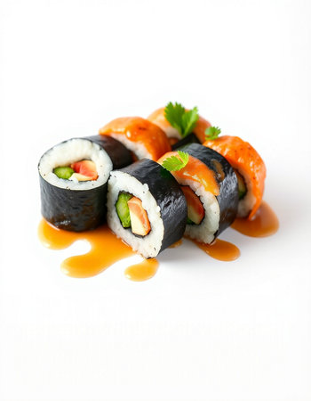 Sushi roll with salmon, cucumber and cheese on white background