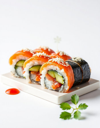 Sushi roll with salmon, avocado and cucumber on white backgroundの写真素材