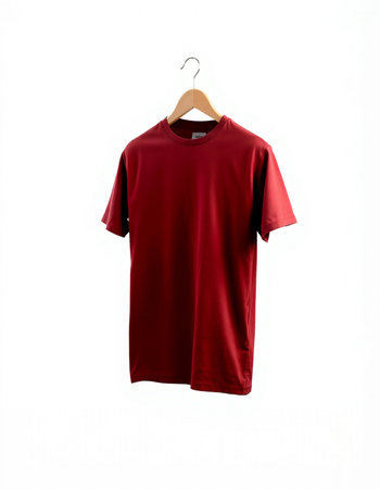 Red t-shirt on wooden hanger isolated on white background.