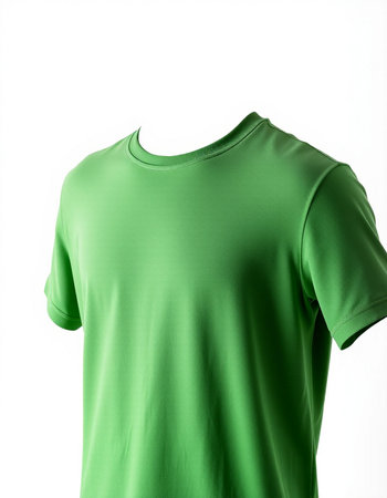 Green t-shirt on a mannequin isolated on white backgroundの写真素材