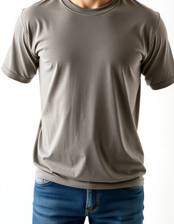 Men's blank gray t-shirt on a mannequin on a white backgroundの写真素材
