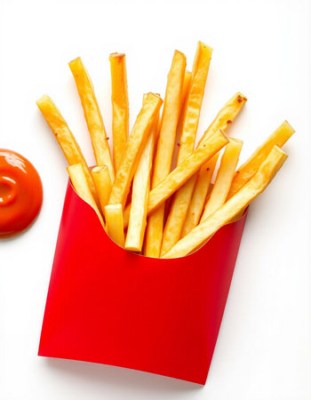 French fries in a red box on a white background close-upの写真素材