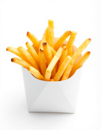 French fries in white box isolated on white background. Selective focus.