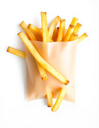 French fries in paper bag isolated on white background. Top view.