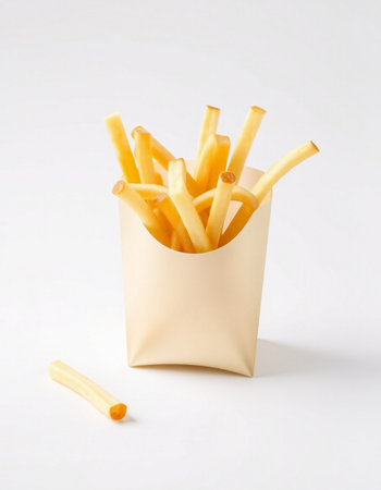 French fries in a paper box on a white background. Fast food.