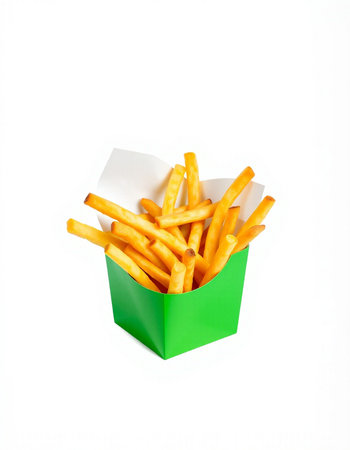 French fries in a green box on a white background. Isolatedの写真素材