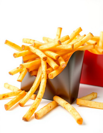 French fries in a box isolated on white background. Selective focus.