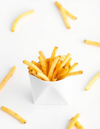 French fries in a white bowl on a white background. Selective focus.