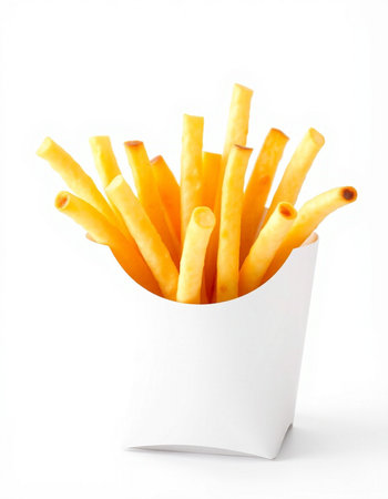 French fries in paper box isolated on white background, clipping path included