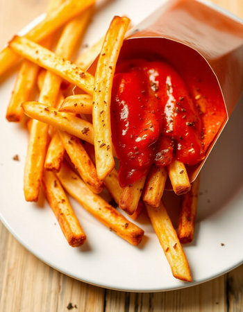 French fries with ketchup on a white plate. Shallow dof.